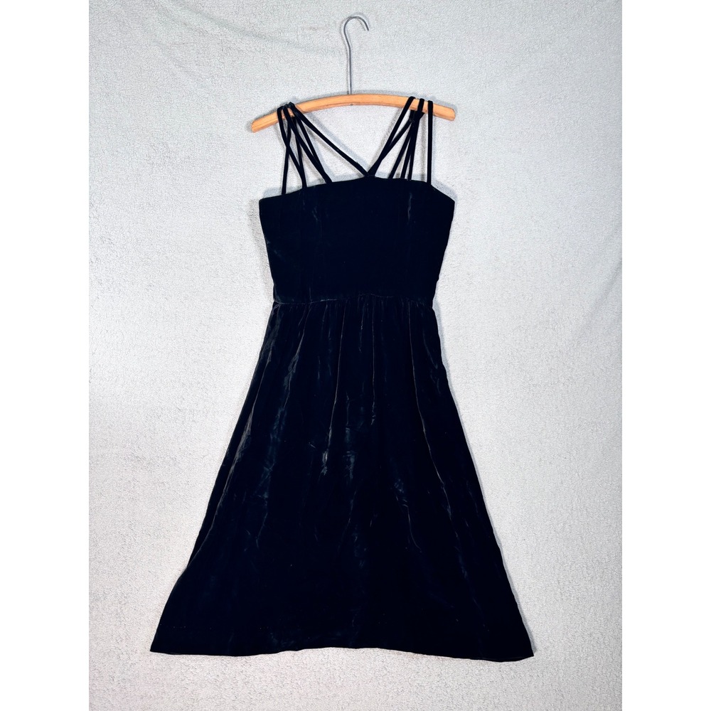 Vintage Kappi Black Velvet Strappy‎ Midi Dress Womens Goth Witchy Vamp Gothic